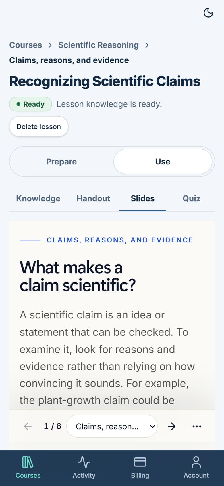 A lesson page in the app, Recognizing Scientific Claims, open on its slides: What makes a claim scientific?
